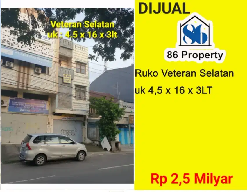 Dijual ruko 3 lantai veteran selatan hadap timur dekat landak