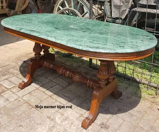 Meja makan oval marmer hijau antik