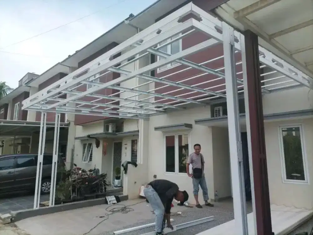 Pemasangan kanopi rumah rangka baja ringan atap alderon Single layer
