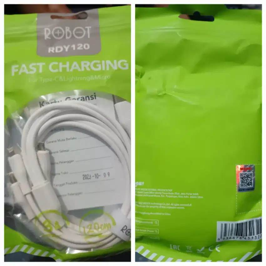 KABEL CHARGER  MERK ROBOT  FAST CHARGER  3 IN 1 85 RBU NEET AJ MAAF.