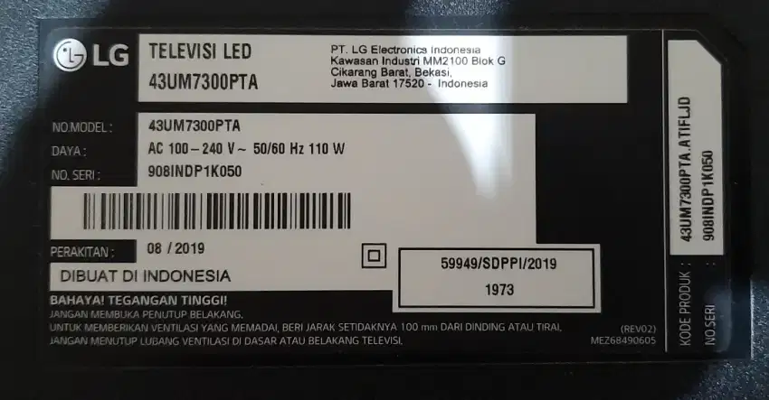 Tv led smartv lg 43um7300pta rusak