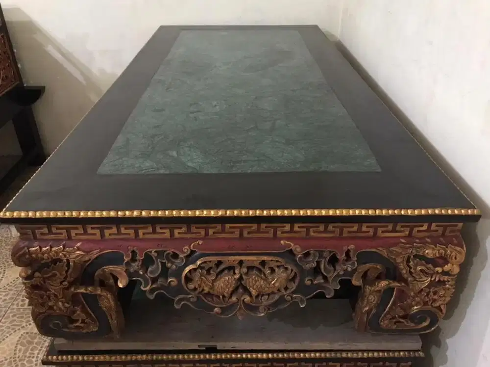 Dijual Meja Opium Marmer Hijau Motif Killin Jati Tua