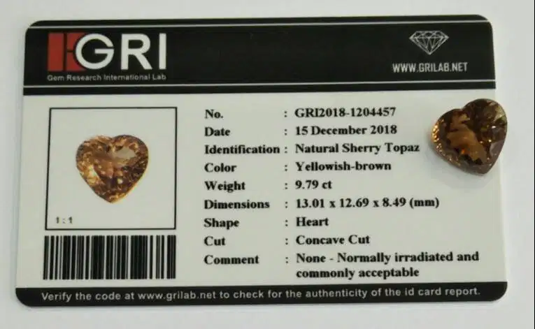 9.79 carat Natural Sherry Topaz Heart Shape