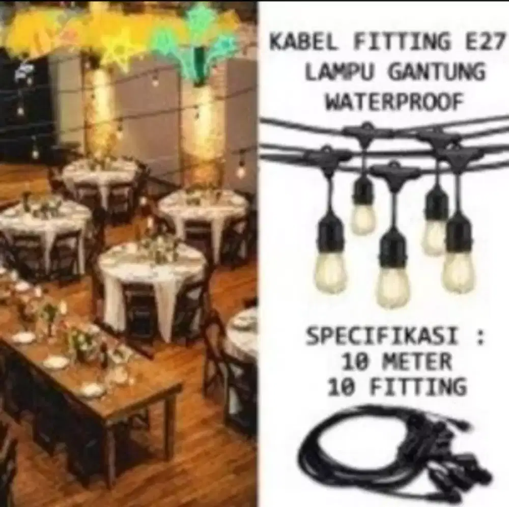 Kabel Fitting E27 10M plus Lampu Gantung 10 Fitting Anti Air