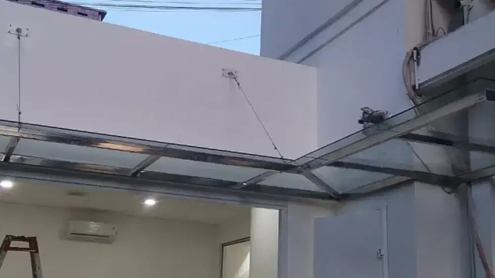 Canopi kaca tempered rangka stainless, pagar stainless, ralling tangga