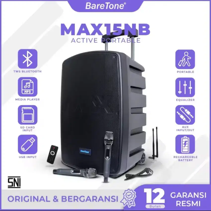 Speaker Aktif Portable BARETONE Max15NB free mic wireless 2bj 800watt