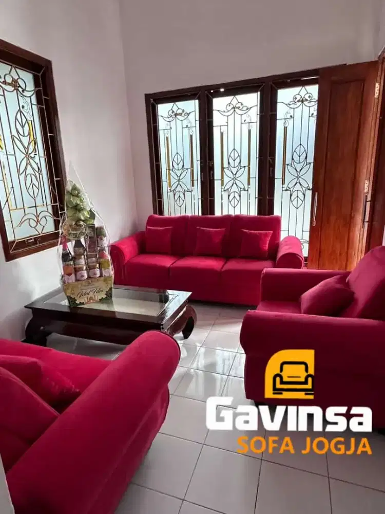 Sofa Premium 3-2-1 Konde, Kain Pandora Merah , Garansi 2 Tahun