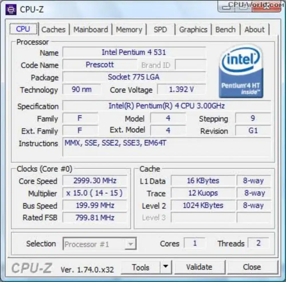 Processor intel Pentium 4 3.0Ghz 531SL8Hz
