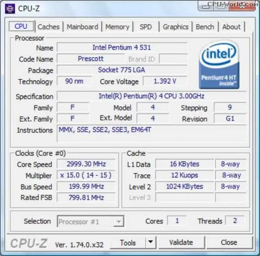 Processor intel Pentium 4 3.0Ghz 531SL8Hz