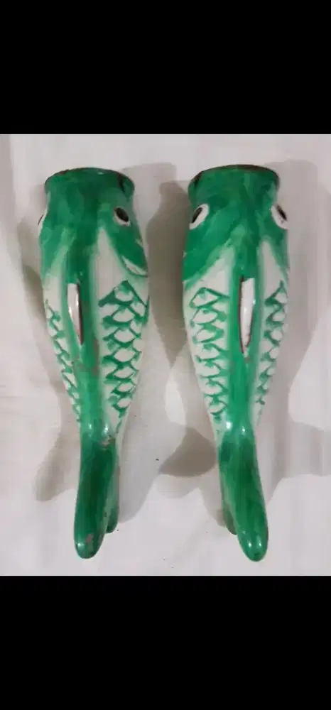 Sepasang Ikan Koi Porselen Kuno Jepang -Hijau