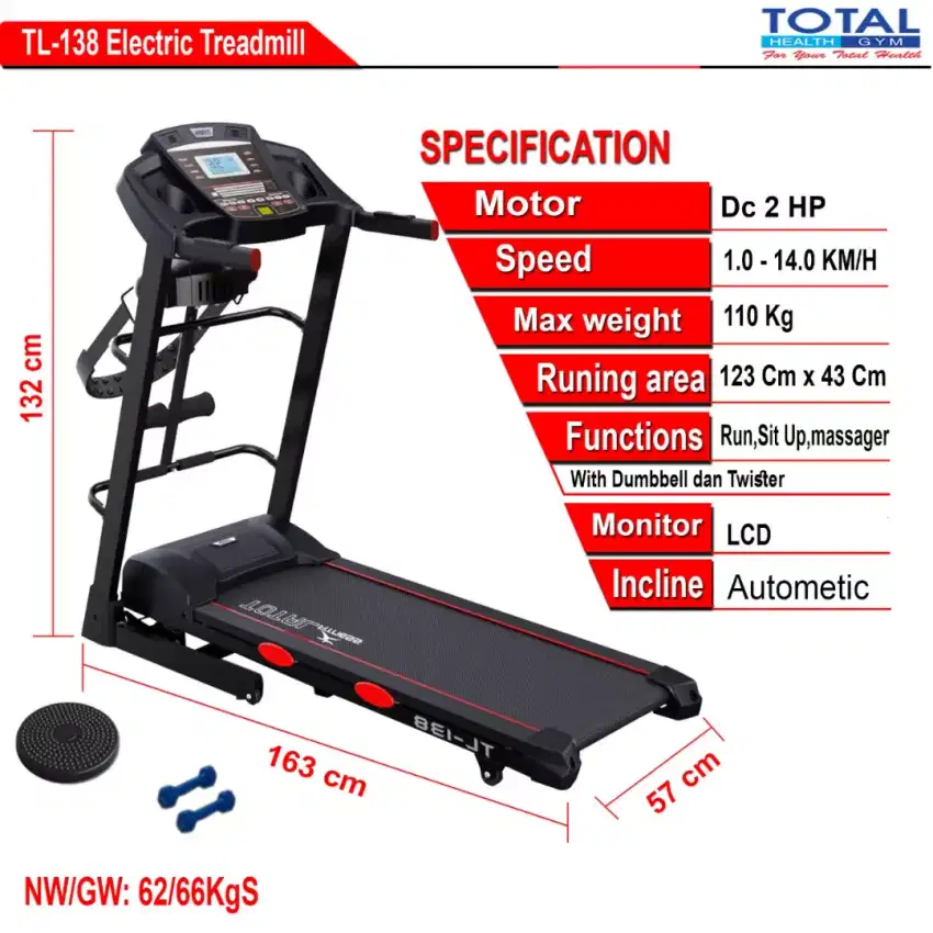 TREADMIL ELEKTRIK  TOTAL FITNES  INCLINE OTOMATIS  tL 138