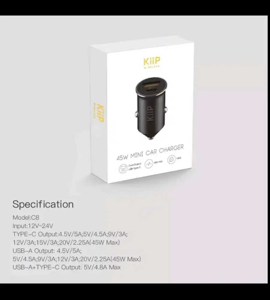 Adaptor Charger KiiP car mobil 45W QC PD new