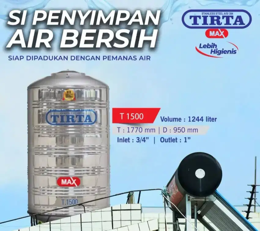 Tangki Air/Tandon /Toren/Tedmon Tirta Stainless 1250 Liter Free Ongkir