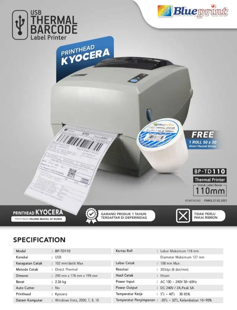 Blueprint TD110 BT Printer Thermal Resi Olshop Barcode Label Bluetooth