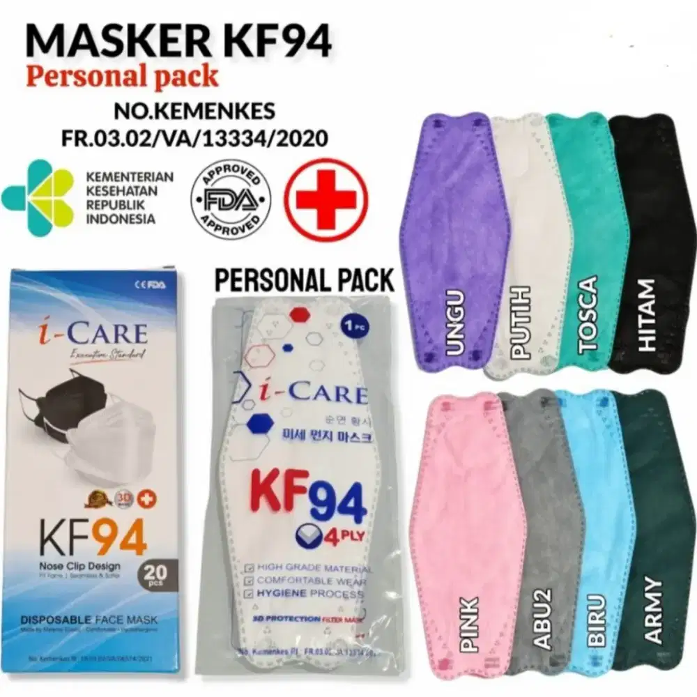 Gratis Antar - 20pcs/Box Masker KF94 / KF 94 i Care Earloop WARNA