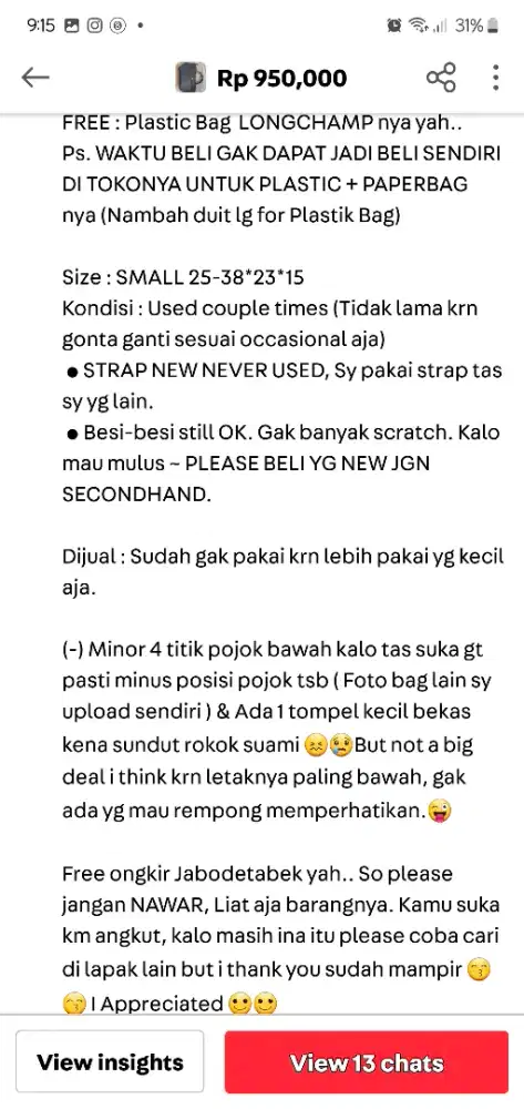 Longchamp La Pliage Size Small (Tipe Lama Tali Tidak Adjustable)