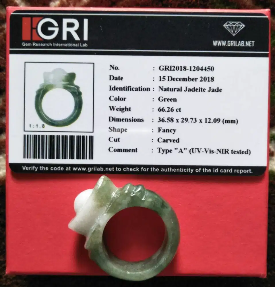 Cincin Giok type A - Gold lucky 66 carat Genuine jade ring size 10,5