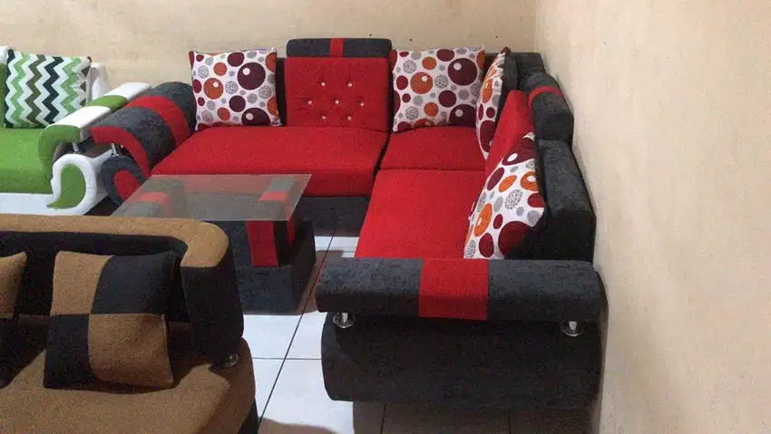 Promo sofa sudut merah merona fullset