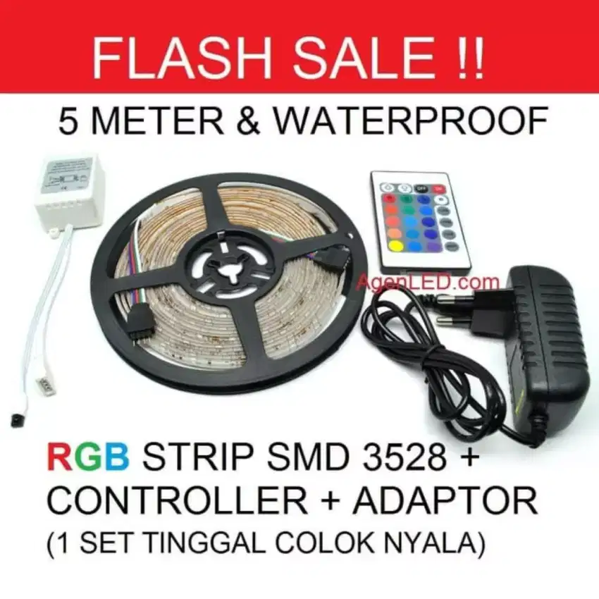 Lampu LED Strip 5 Meter RGB 3528/2835 SMD IP44 Adaptor+Remote+Modul