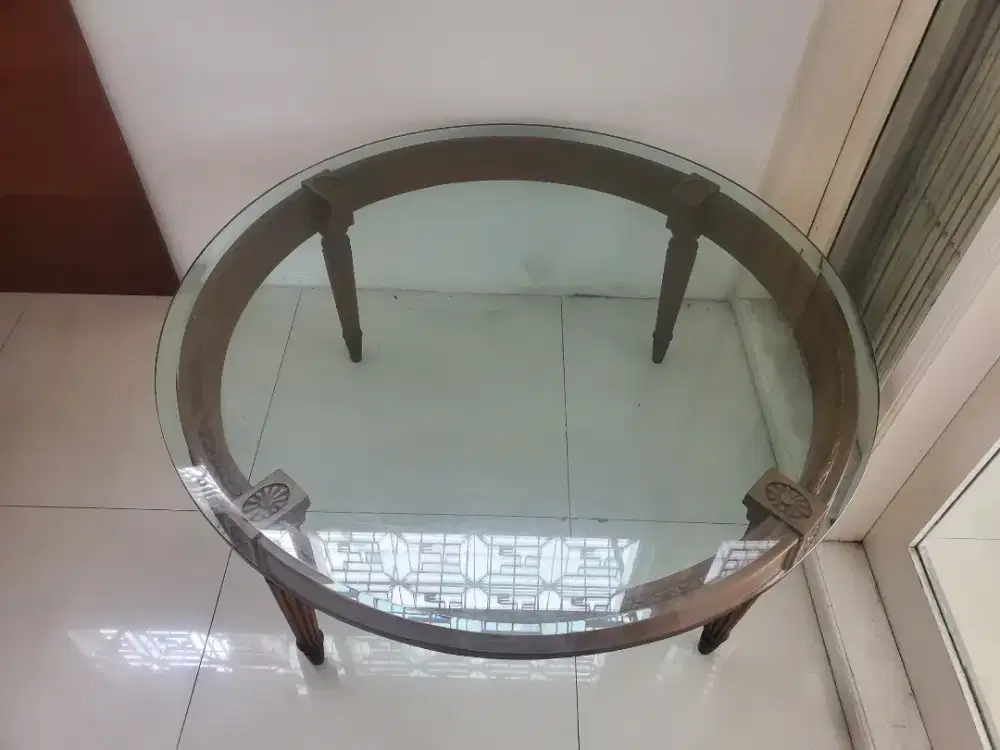 Meja Ruang Tamu Desain Klasik Dari Kayu Jati + Kaca 1.5 Cm ( Langka )