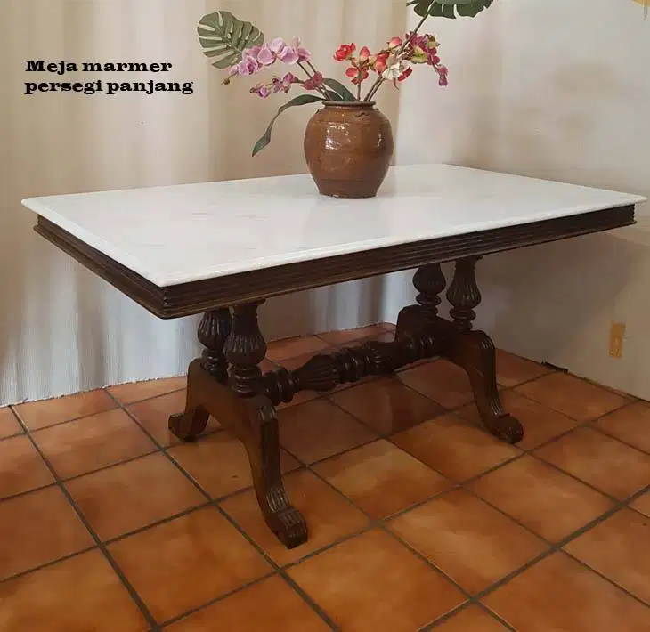 Meja makan marmer persegi panjang 90 x 170cm kaki rafles kayu jati