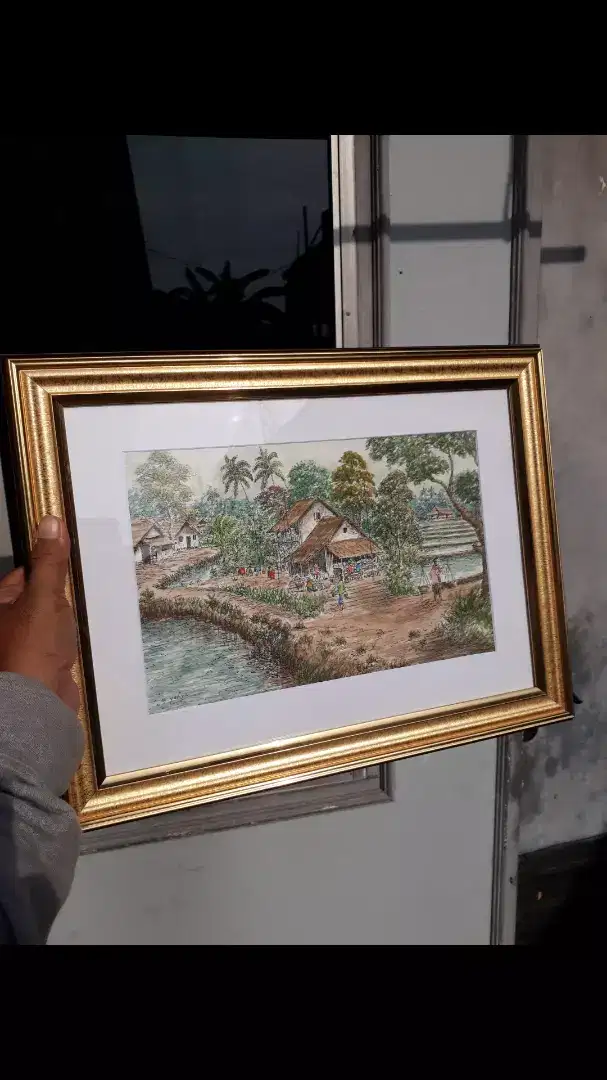 Antik vintage lukisan cat air diatas kertas pemandangan karya yahya