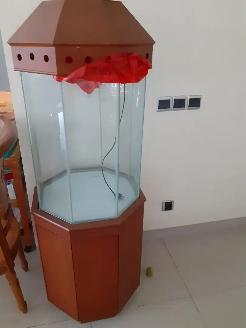 Aquarium bekas segi delapan dan cabinet dari kayu jati