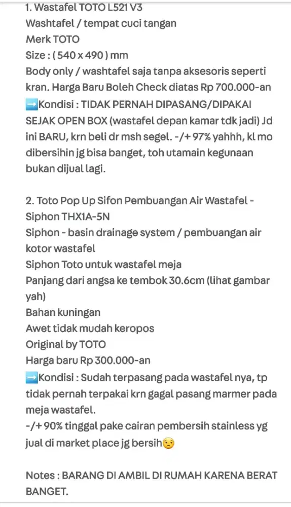 Wastafel TOTO & Leher Angsa Toto - HARGA NETT