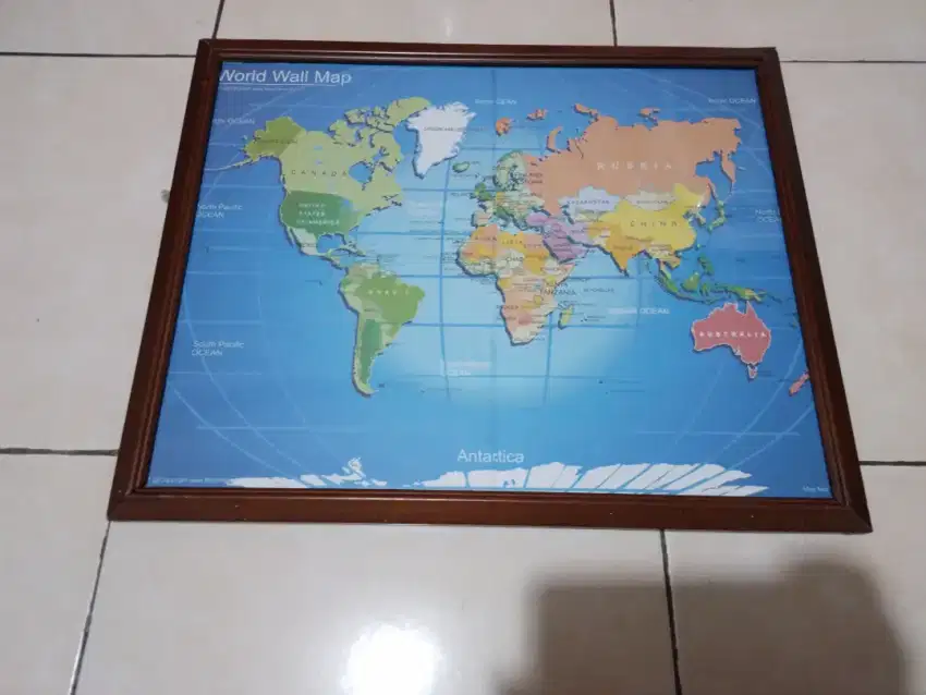 Lukisan print+ bingkai kayu kaca, P55cm L45cm, gambar peta dunia, nego