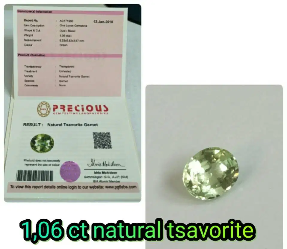 1,06 carat natural tsavorite sertifikat PGTL Thailand