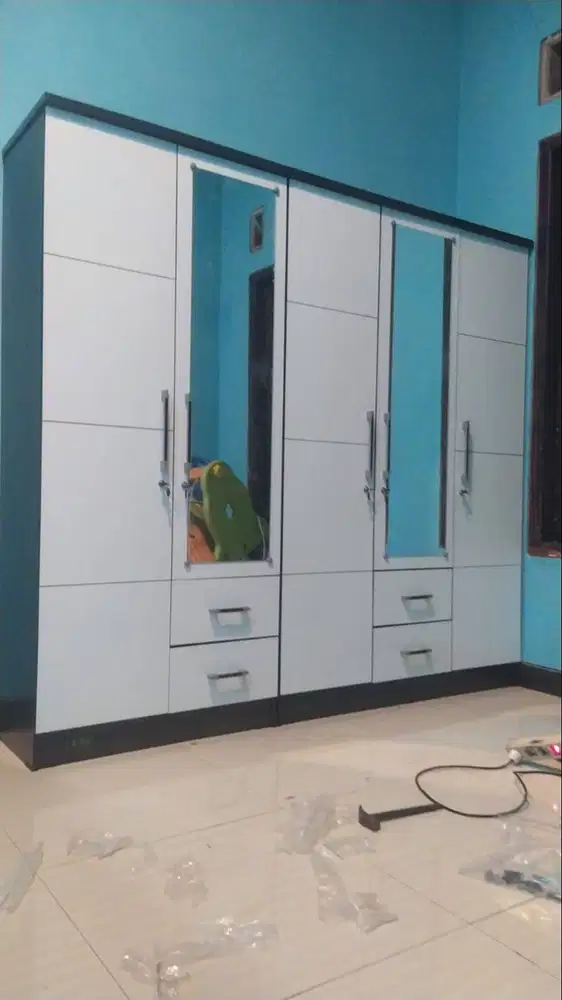 Lemari Pakeian 5 Pintu Tempat Baju Gamis Dan Rak Lipat Full Putih Ter