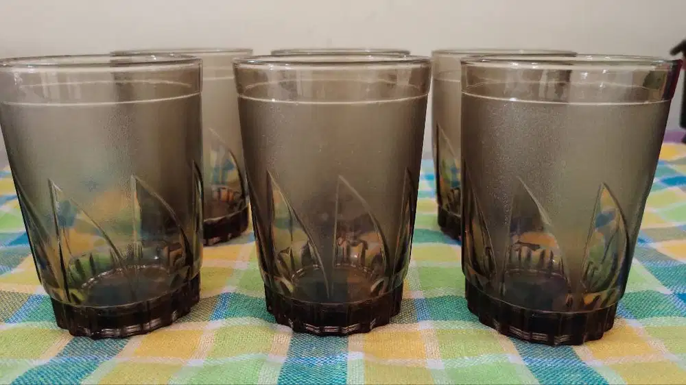 Gelas Clear Abu/Coklat Muda Jadul (P-39) 6 pcs