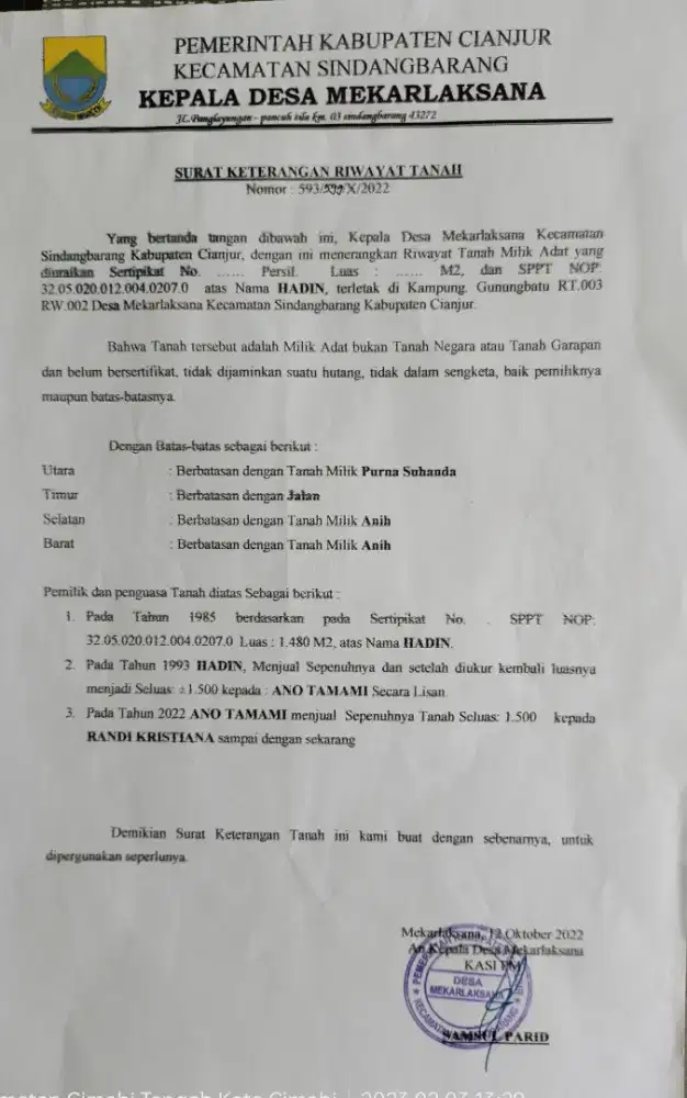 Jual tanah Murah di Sindangbarang (Cianjur). Cocok untuk berkebun