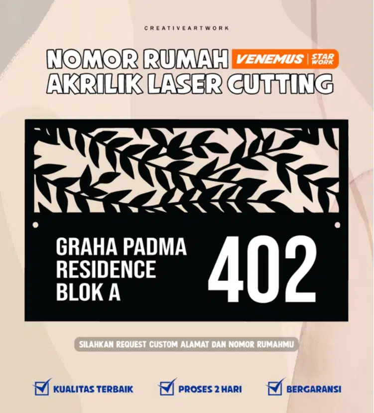 PAPAN NOMOR RUMAH BERKUALITAS AKRILIk CUTTING DAUN 30 x 20 cm CUSTOM