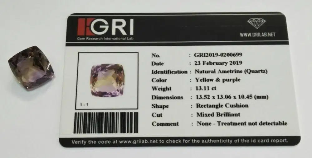 13,11 carat Natural Ametrine Bolivia Rectangle Cushion Bersertifikat