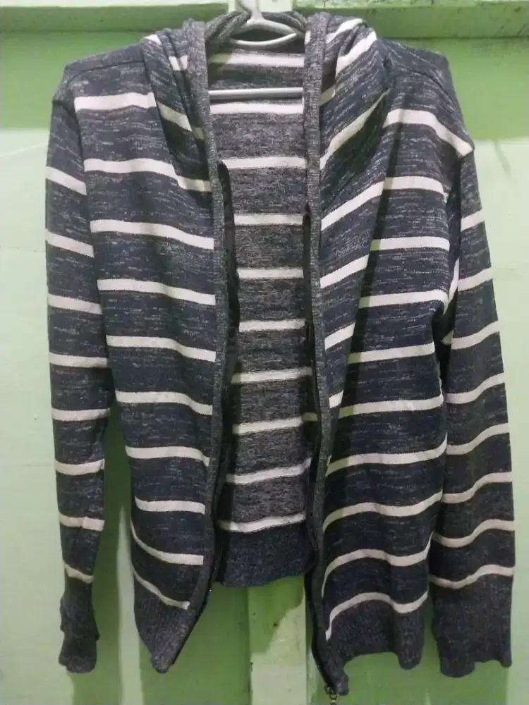 Jaket Hoodie Stripes Biru Navy Putih Pria