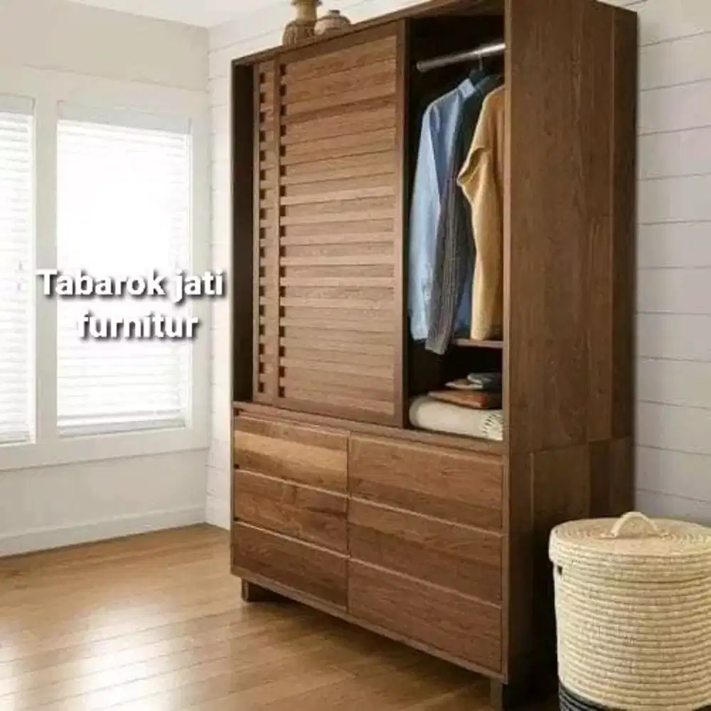 Lemari pakaian minimalis modern pintu2 laci 6, bahan kayu jati tua