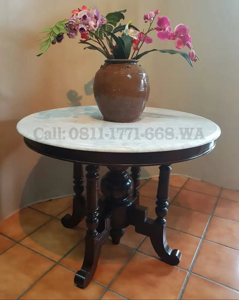 Meja marmer bulat diameter 100cm kaki kayu jati