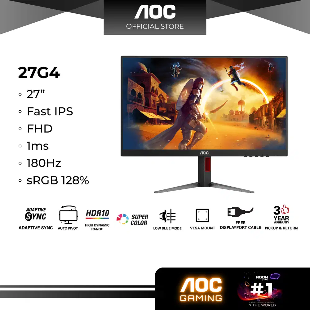 AOC 27G4 27 180HZ 1MS FAST IPS ADAPTIVE SYNC FHD HDR10 FLICKER FREE Komputer 914178608