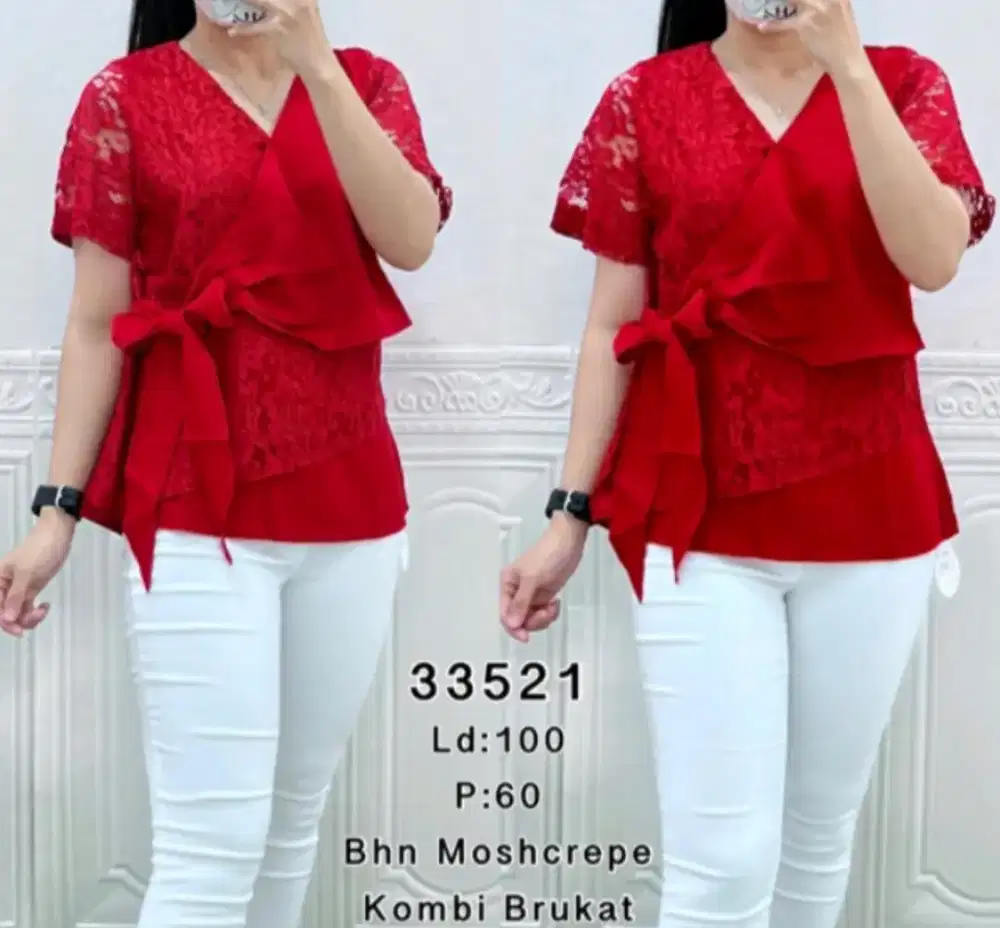 (NEW) Atasan Blouse Brukat Merah Pita / Blouse Brokat Pita Merah