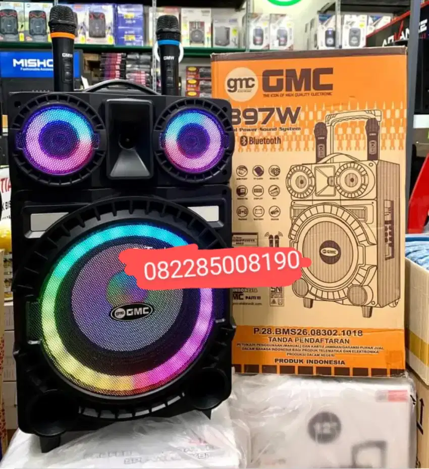 Speaker Karaoke Portabel GMC 897W free 2 mic wireless