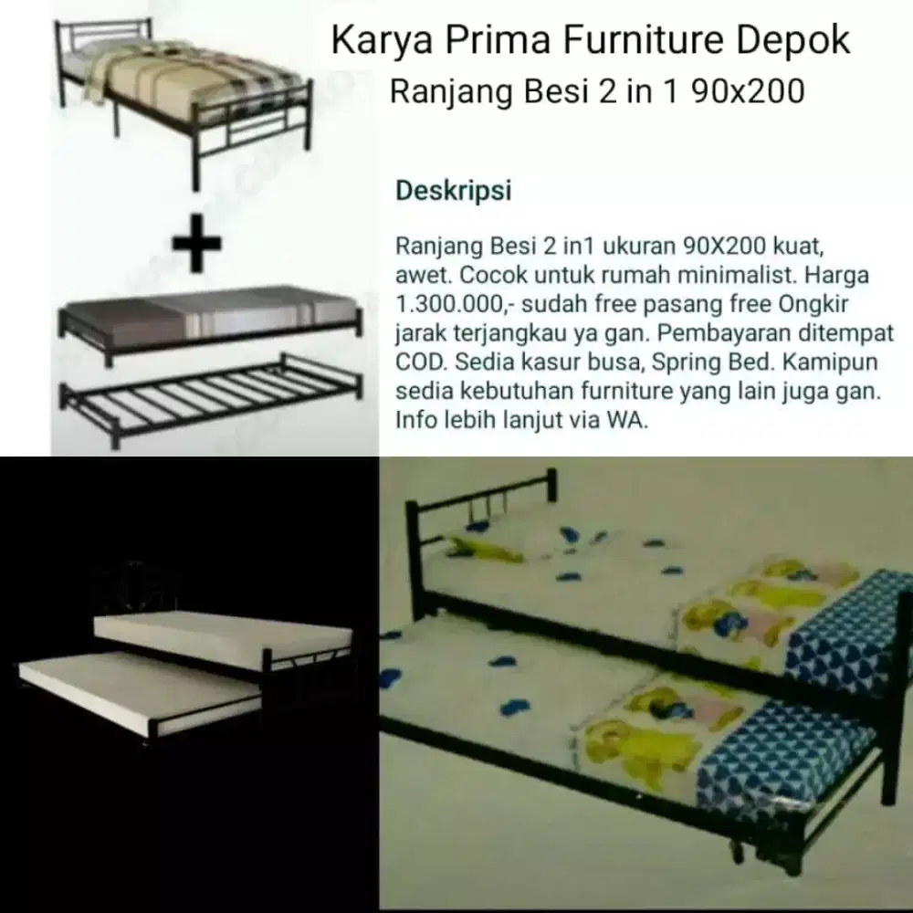 Ranjang Besi 2in1 hitam 90x200 kuat awet baru 1.300.000 free ongkirCOD