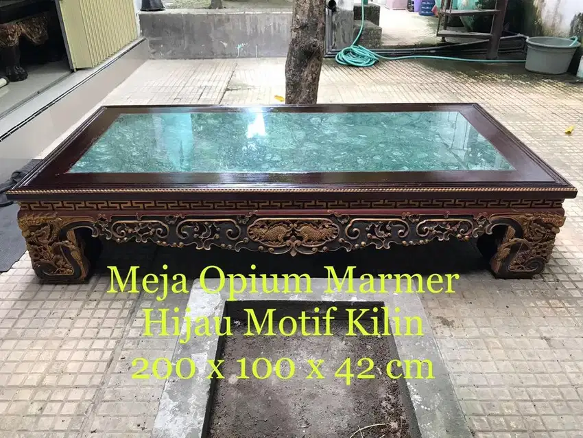 Dijual Meja Opium Marmer Hijau Kayu Jati Tua Motif Killin DX