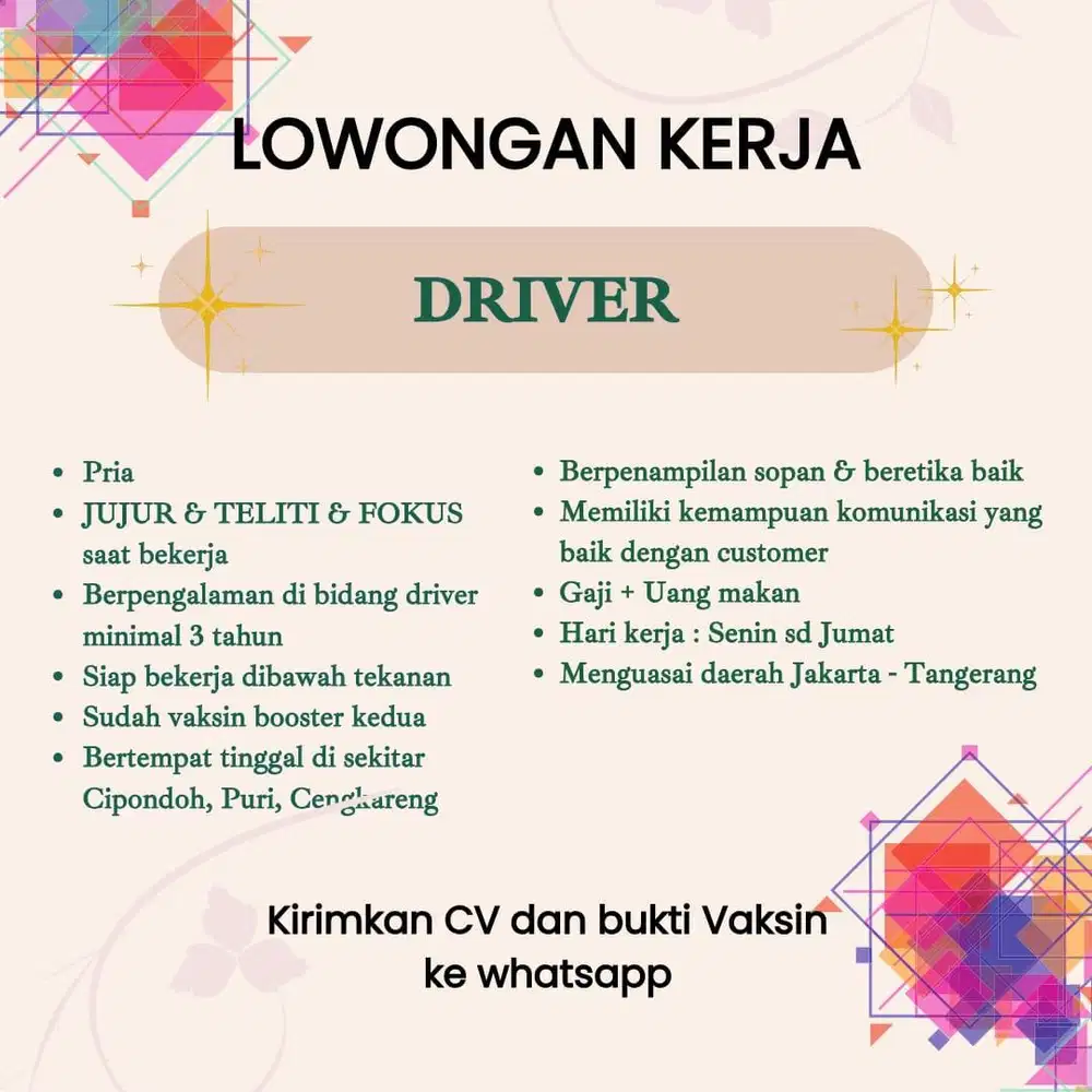 Dibutuhkan supir PRIBADI HANDAL / utk papan bunga dan supir galon ...