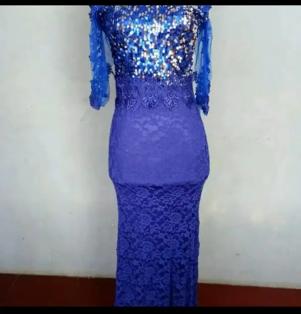 Gaun pesta biru brukat all size