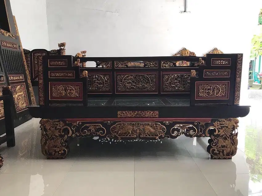 Dijual Bangku Killin Motif singa dan gajah Marmer Hijau Kayu Jati Tua