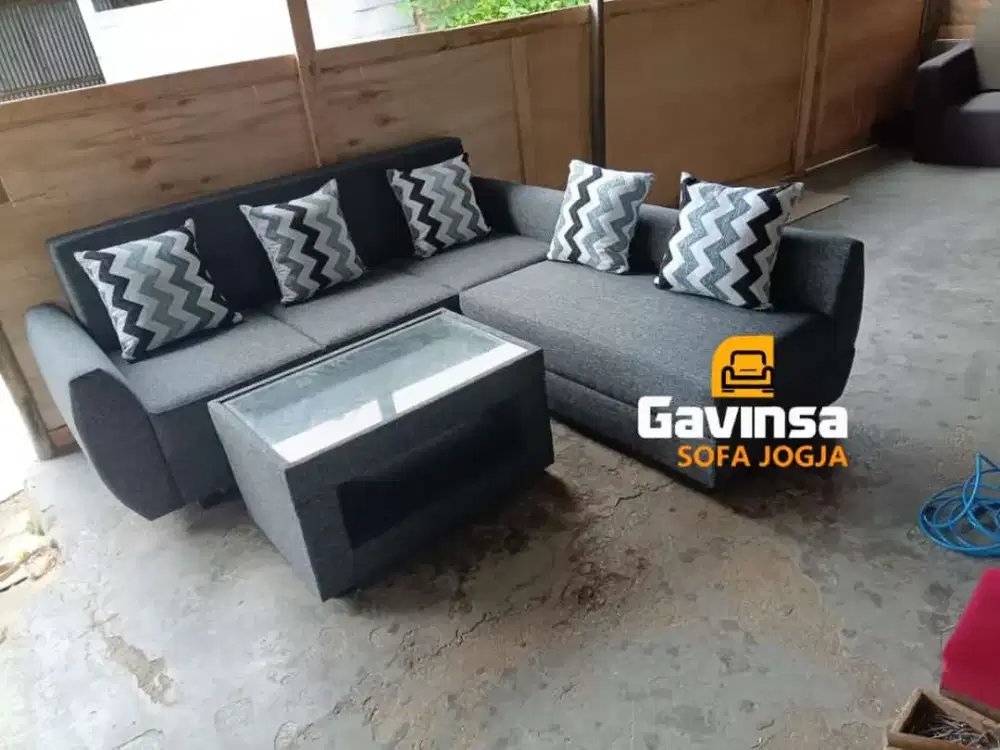 Premium Sofa L Putus , Bahan Canvas Kimy Silver black, Garansi 2 Tahun