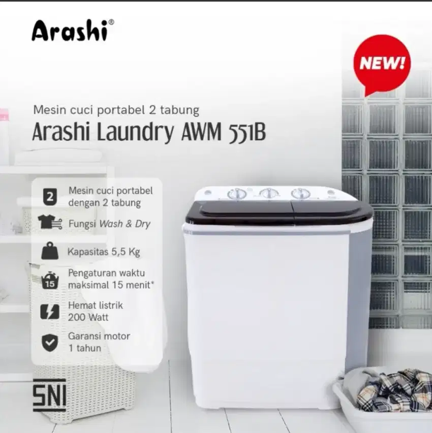 Mesin Cuci 2 Tabung 5.5Kg Arashi AWM 551B Grey