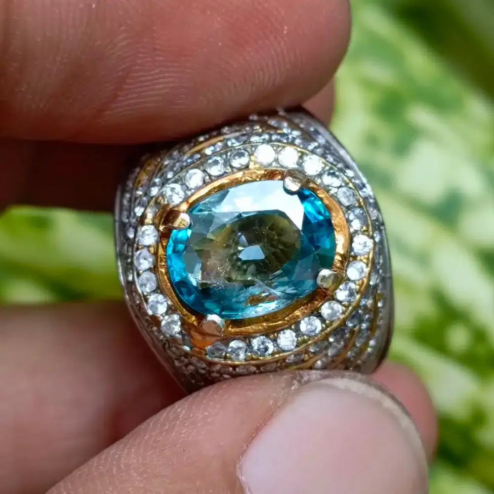 Cincin Perak Batu Permata NATURAL BLUE ZIRCON + Memo (3,70ct)