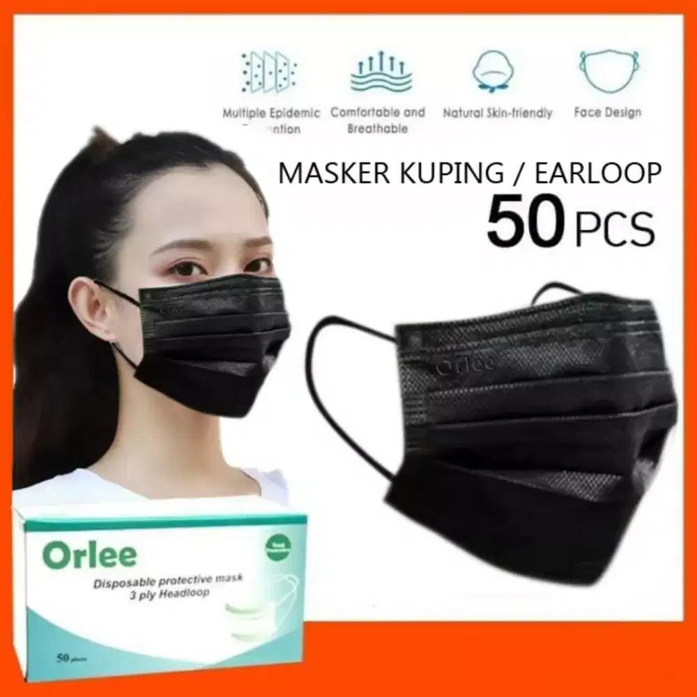 MASKER EARLOOP WARNA HITAM 3PLY ISI 50PCS/BOX MERK ORLEE